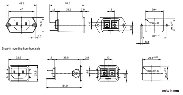 Mechanical Drawing - Schurter 5124 Power Entry Modules with Line Filter